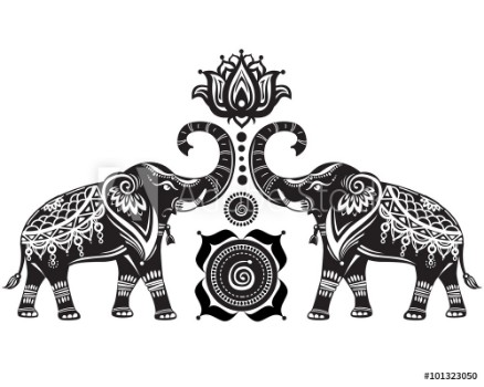 Picture of Stylized decorated elephants and lotus flower